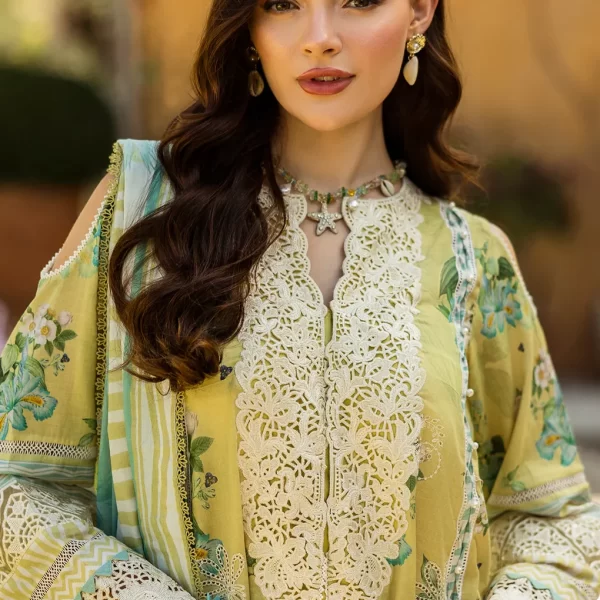 Elaf Pakistani designer dress in embroidered organza and lawn fabric, showcasing modern elegance – now available in the UK.