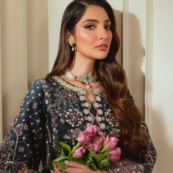 Baroque Pakistani designer dress in premium chiffon fabric showcasing elegant embroidery – available in the UK.