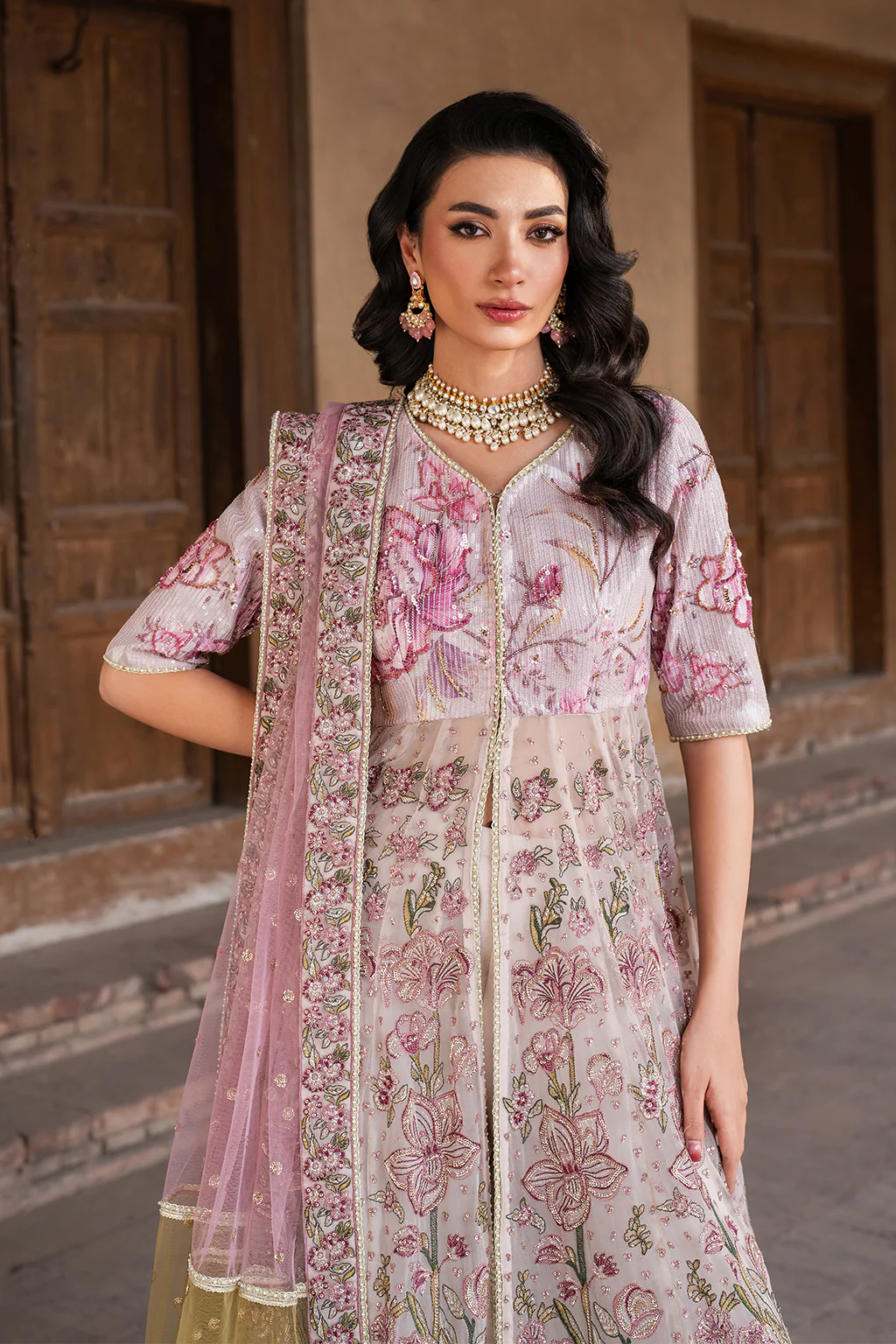 Iznik, luxury chiffon, 25’ , 3 PIECE SUIT , unstitched, chiffon , light pink , ILC-08, FRONT top look